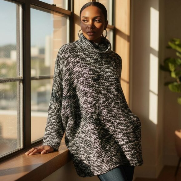 NATORI VINTAGE Fuzzy Wool Sweater 1X Mock Neck Black White Nylon Tunic Length - Picture 1 of 15